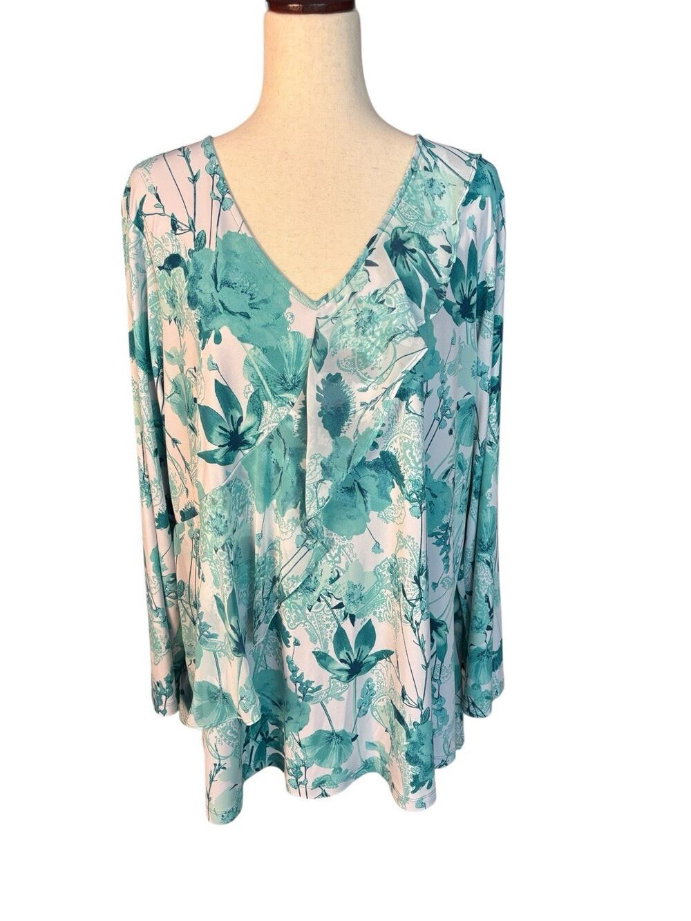 Susan Graver XL Women Blouse Shirt Green Teal Stretch Floral V-Neck